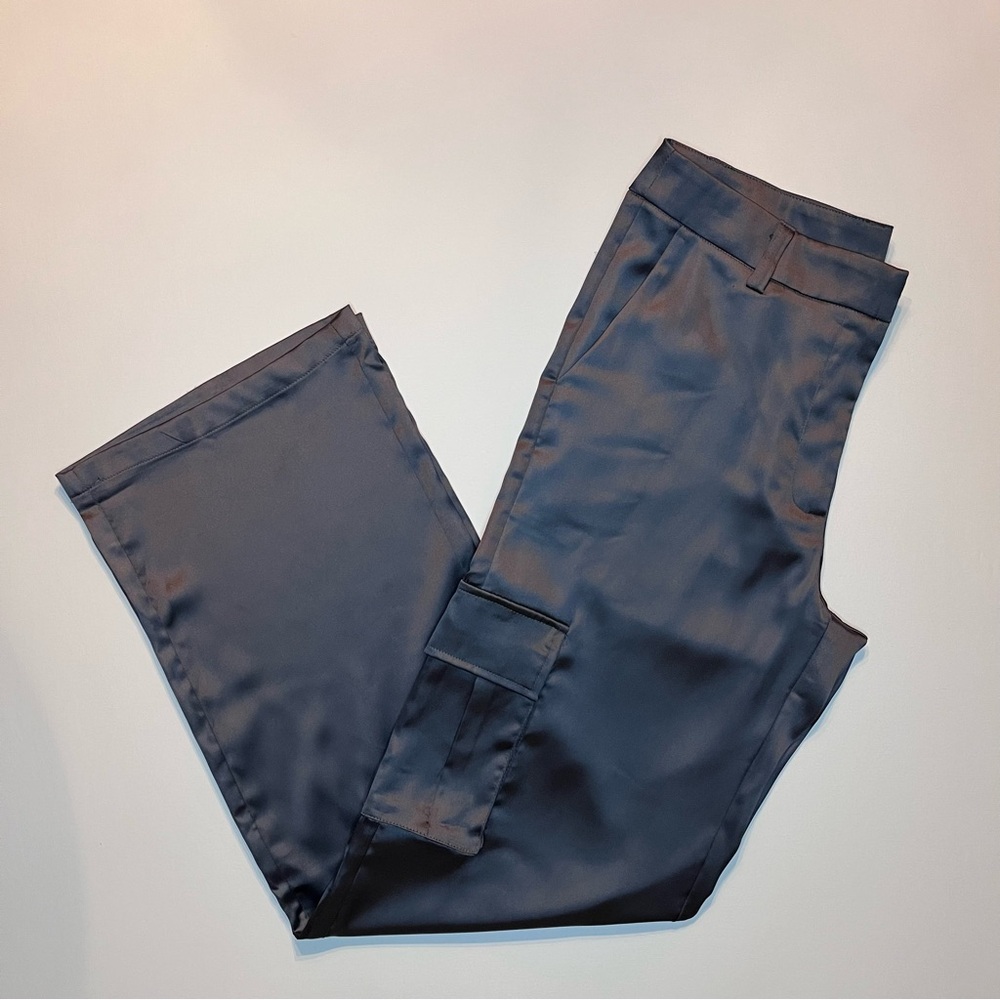 Wide Leg Satin Cargo Pants in Charcoal Gray - Picture 3 of 8